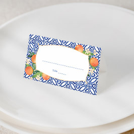 Citrus Sinaasappels Klassiek Blauw Tegelpatroon Br Plaatskaartje