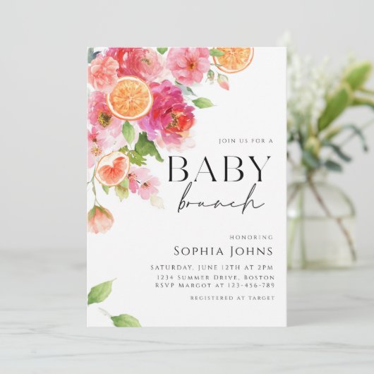 Citrus Sinaasappels roze Bloemen Baby Brunch Kaart (Staand voorkant)