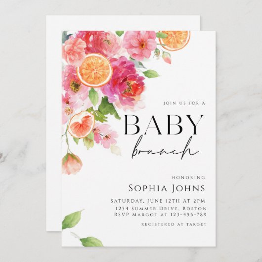 Citrus Sinaasappels roze Bloemen Baby Brunch Kaart (Voorkant / Achterkant)