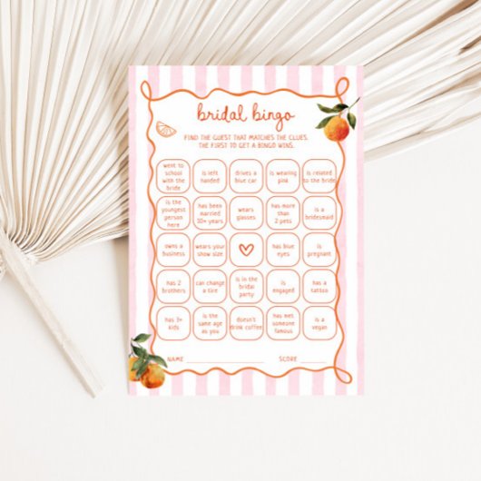 Citrus Spritz Pink Stripes Bridal Bingo Card Kaart