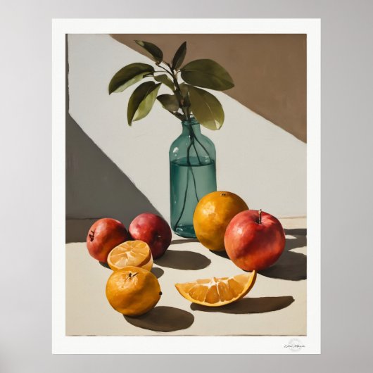 Citrus Stilleven met glazen fles Poster (Voorkant)
