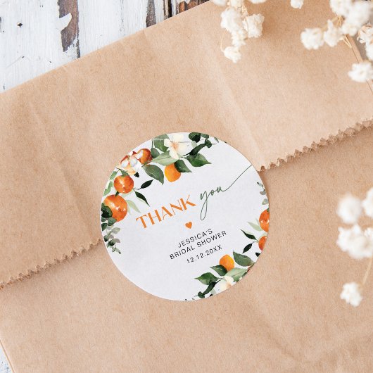 Citrus thema sinaasappels gebladerte bruids dank u ronde sticker