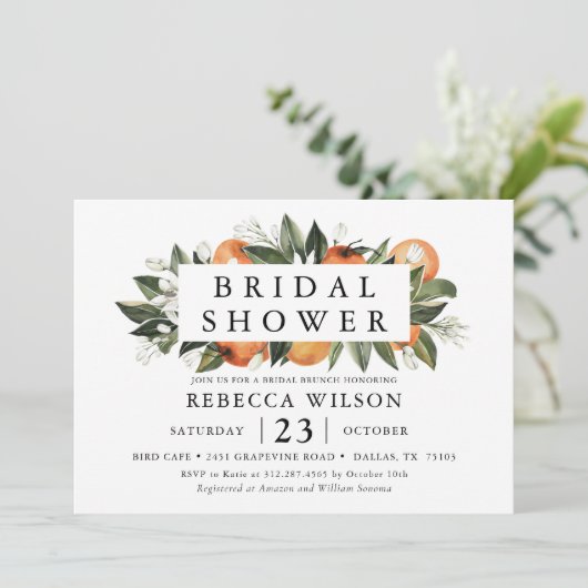 Citrus Theme Rustic Bruids Douche Uitnodiging (Staand voorkant)