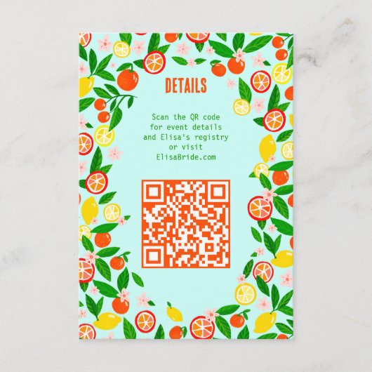 Citrus-viering Aangepaste zomer bruiloft bruidsfee Informatiekaartje (Voorkant)