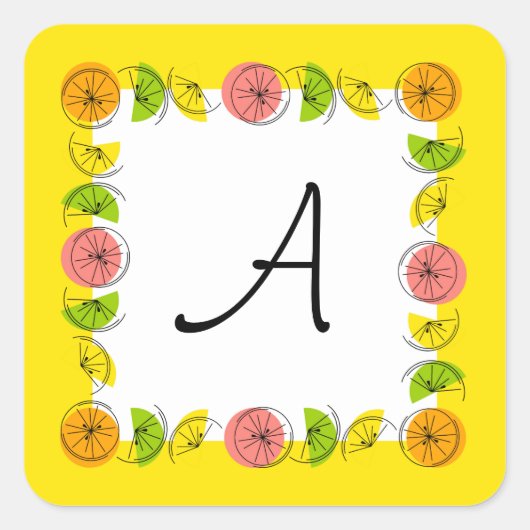 Citrus vierkant geel Monogram sticker vierkant (Voorkant)