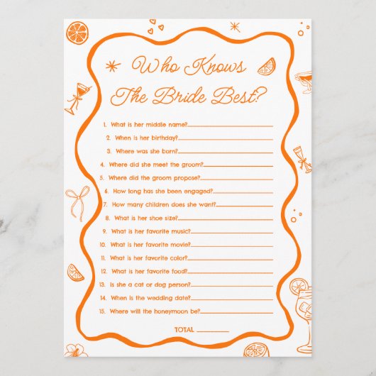 Citrus Vrijgezellenfeest Wie kent Bride Game Kaart (Voorkant)