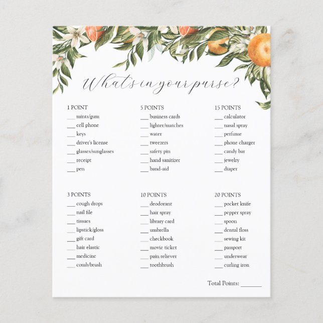 Citrus Wat zit er in je Purse Vrijgezellenfeest Ga (Voorkant)