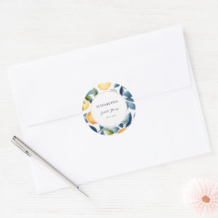 Citrus Watercolor Modern Blau Sinaasappel Bruidsdo Ronde Sticker