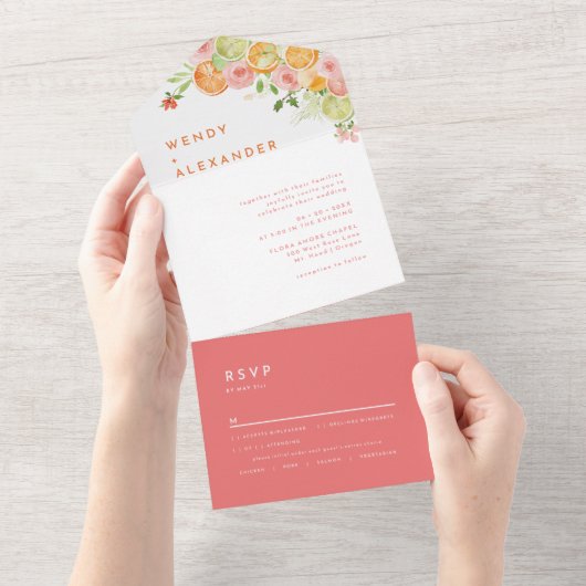 Citrus Waterverf bruiloft All In One Uitnodiging (Afscheurbaar)