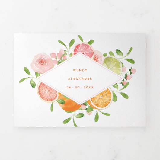 Citrus Waterverf Bruiloft Alles in een Drieluik Uitnodiging (Cover)