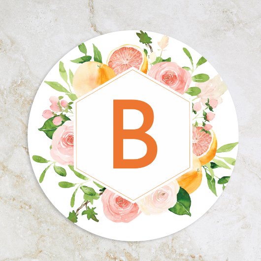 Citrus Waterverf Bruiloft Monogram Envelop Afdicht Ronde Sticker