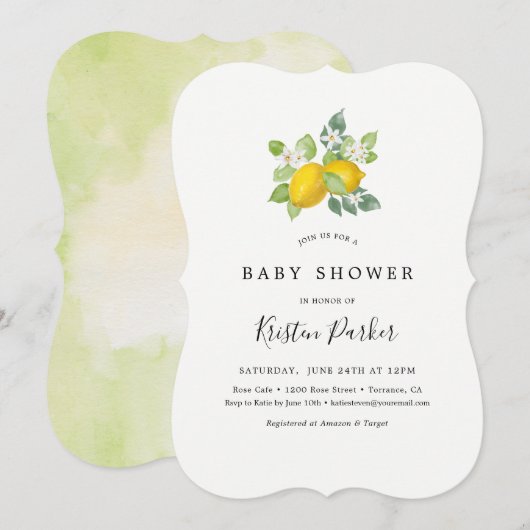 Citrus Waterverf Citroen Thema Baby Shower Kaart (Voorkant / Achterkant)