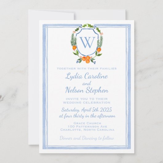 Citrus Waterverf Crest, Chinoiserie Wedding Kaart (Voorkant)