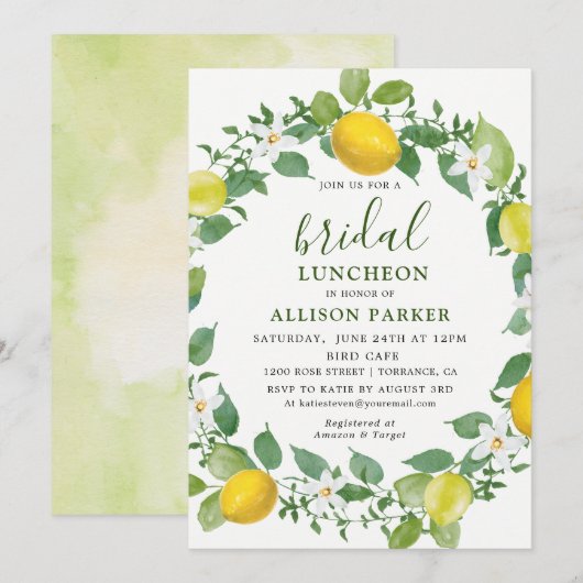 Citrus Waterverf Lemon Bridal Luncheon Invitation Kaart (Voorkant / Achterkant)