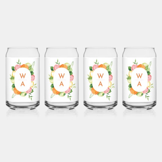 Citrus Waterverf Monogram Crest Bridal Party Blikvorm Glas (Voorkant)