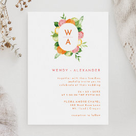 Citrus Waterverf Monogram Crest Bruiloft Kaart