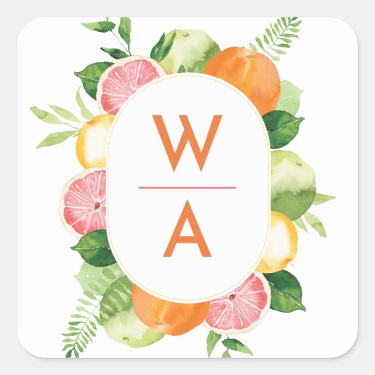 Citrus Waterverf Monogram Crest Envelop Afdichting Vierkante Sticker (Voorkant)