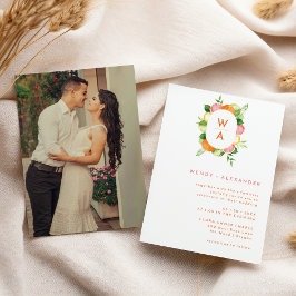 Citrus Waterverf Monogram Crest Foto Bruiloft Kaart