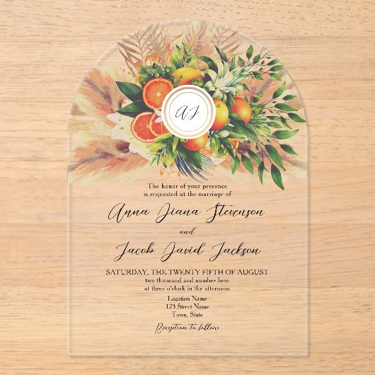 Citrus Wedding Acryl Uitnodigingen (Voorkant)