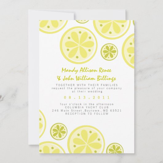 Citrus Wedding Invitation with Lemons and Limans Kaart (Voorkant)