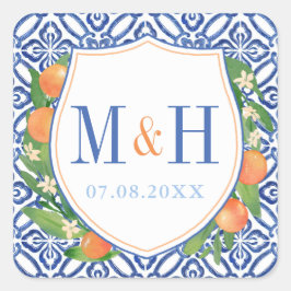 Citrus Wedding Logo; Sinaasappels met blauwe tegel Vierkante Sticker