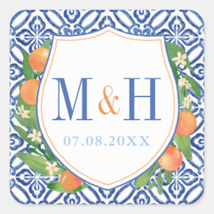 Citrus Wedding Logo; Sinaasappels met blauwe tegel Vierkante Sticker