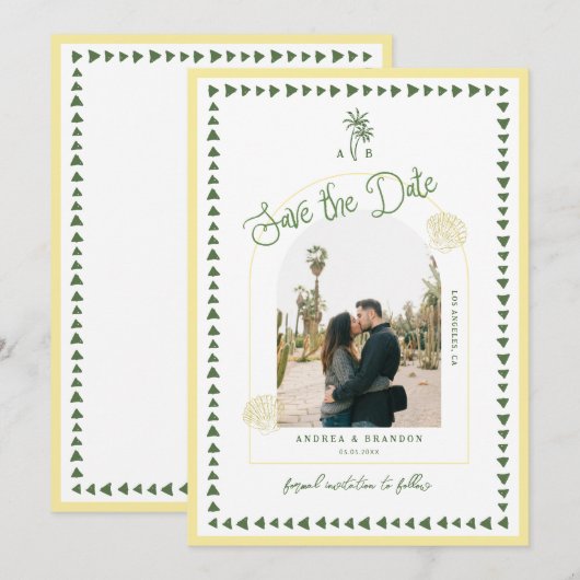 Citrus Yellow Coastal Palm Tree Seashell Wedding Save The Date (Voorkant / Achterkant)