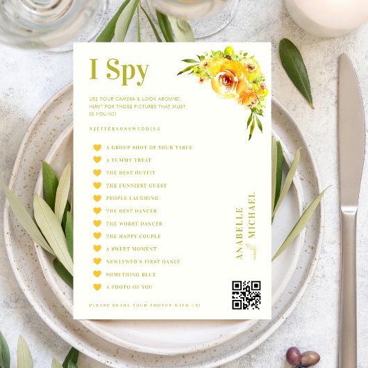 Citrus Yellow Floral Wedding I Spy Hunt Game Card Kaart