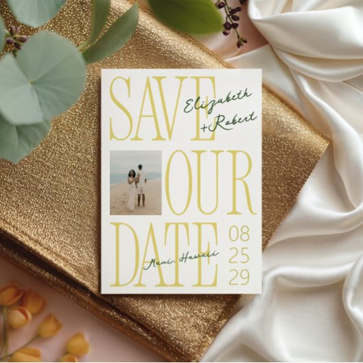 Citrus Yellow & Green Typography Stylish Wedding Save The Date