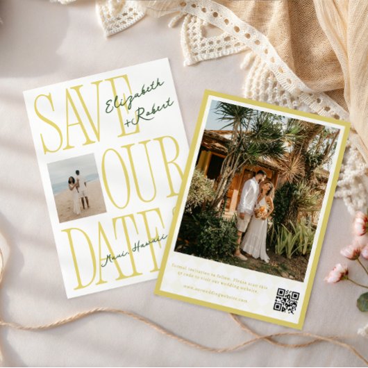 Citrus Yellow & Green Typography Stylish Wedding Save The Date