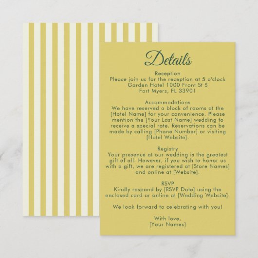 Citrus Yellow Olive Green and Ivory Wedding Detail Informatiekaartje (Voorkant / Achterkant)