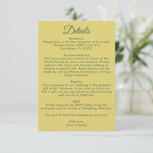 Citrus Yellow Olive Green and Ivory Wedding Detail Informatiekaartje (Staand voorkant)