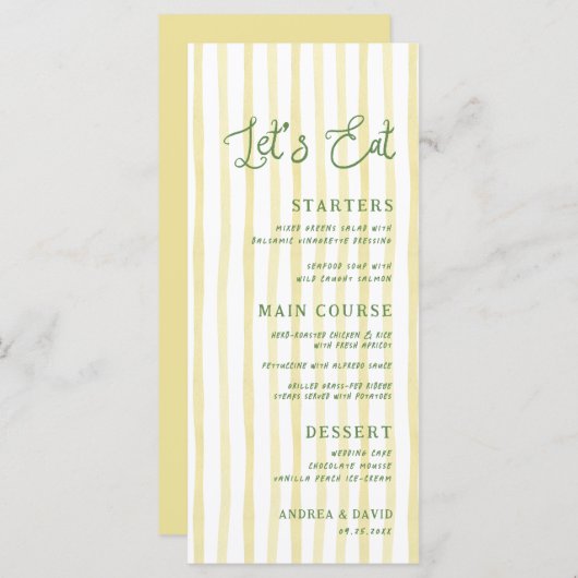 Citrus Yellow Stripe Handwriting Island Wedding Menu (Voorkant / Achterkant)