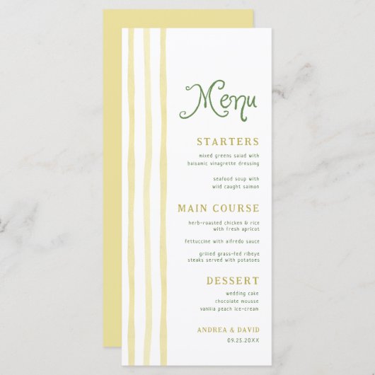 Citrus Yellow Stripe Handwriting Summer Wedding Menu (Voorkant / Achterkant)