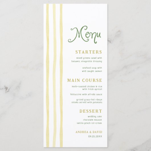 Citrus Yellow Stripe Handwriting Summer Wedding Menu (Voorkant)