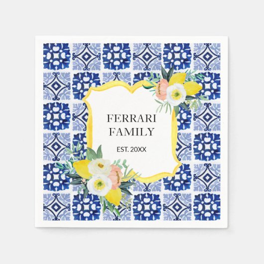 Citruscitroen Marine Blauw Italiaans Mediterraan Servet (Voorkant)