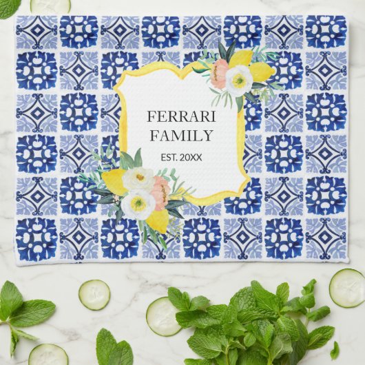 Citruscitroen Marine Blauw Italiaans Mediterraan Theedoek (Gevouwen)