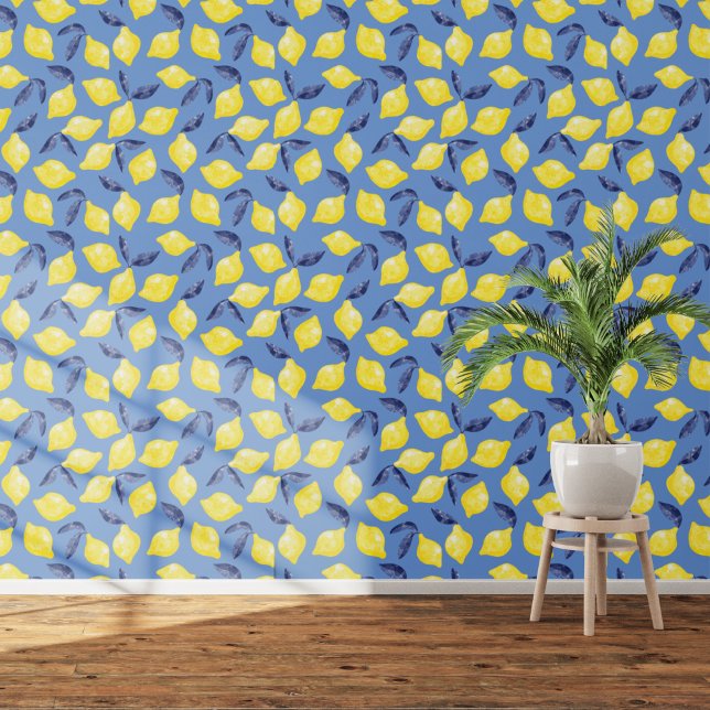Citruscitroen Mediterraan Geel Blauw Waterverf Behang (Blue and yellow citrus lemon watercolor Mediterranean art wallpaper)