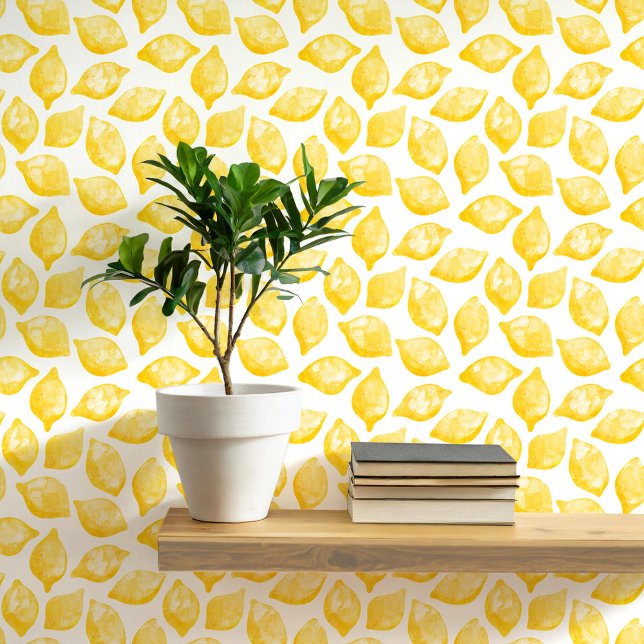 Citruscitroen Mediterraan Geel Wit Waterverf Behang (Mediterranean citrus lemon watercolor peel and stick art wallpaper)