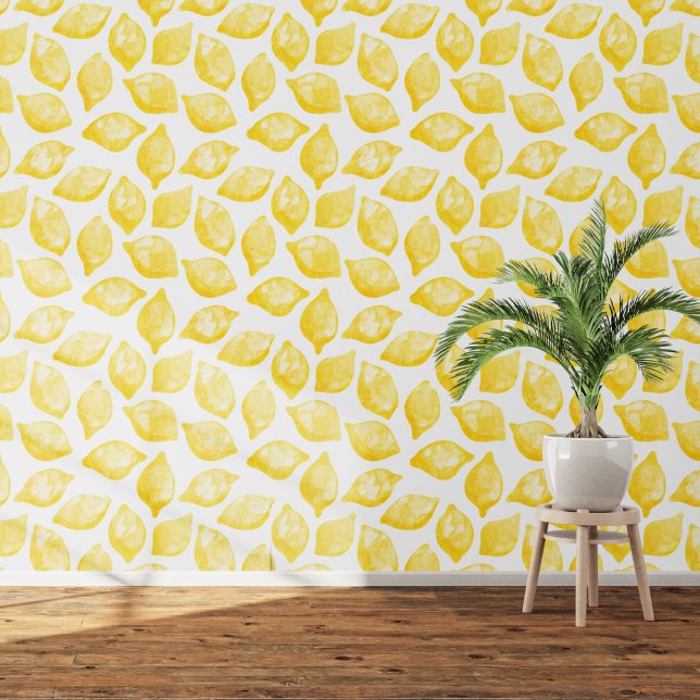 Citruscitroen Mediterraan Geel Wit Waterverf Behang (Citrus lemon Mediterranean watercolor art wallpaper)