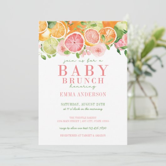 Citrusfruit & Bloemen Baby Brunch Kaart (Staand voorkant)