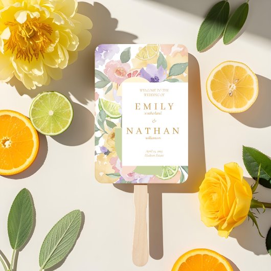 Citrusfruit en bloemen Huwelijks Waterverfprogramm Handwaaier