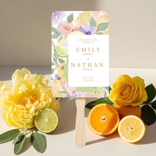 Citrusfruit en bloemen Huwelijks Waterverfprogramm Handwaaier