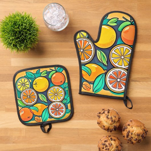 Citrusfruit Kunstontwerp Ovenwant & Pannenlap Set (Top down)