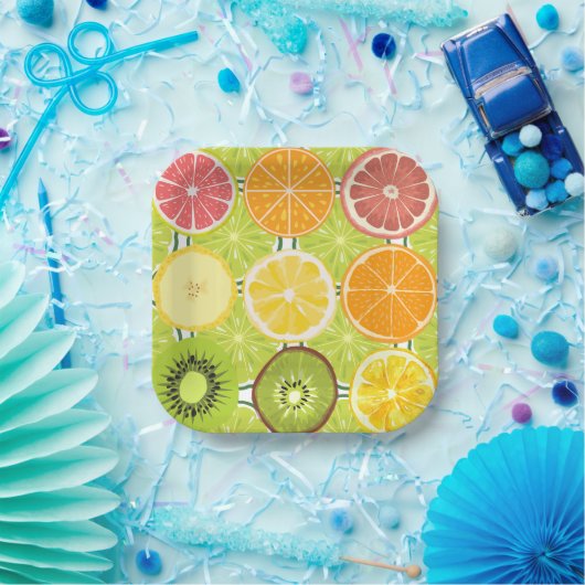 citruspatroon Sinaasappel Geel Groen kleurrijk Papieren Bordje (Feest)