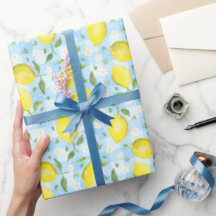 Citrussen en Madeliefjes Blauwe Plaid Cadeaupapier