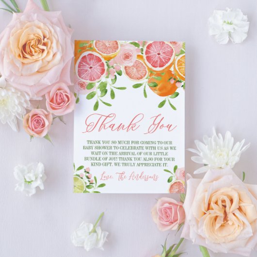 Citrusvruchten en bloemen Baby shower Bedankkaart