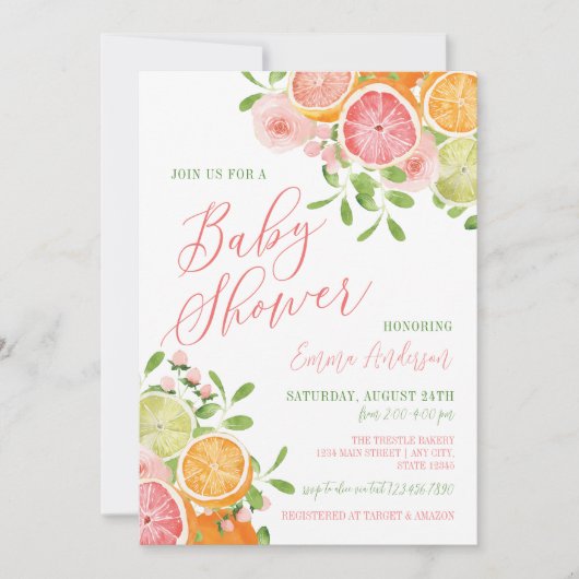 Citrusvruchten en bloemen Baby shower Kaart (Voorkant)