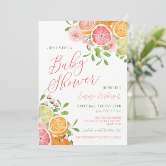 Citrusvruchten en bloemen Baby shower Kaart (Staand voorkant)