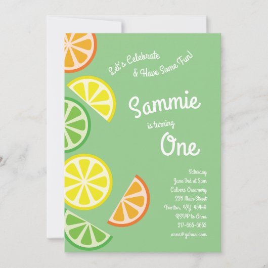 Citrusvruchten Kleurrijke 1e verjaardag Uitnodigin Kaart (Voorkant)